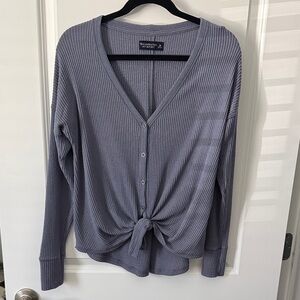 Abercrombie & Fitch Button-Front Ribbed Long Sleeve Tie Top